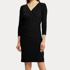 Lauren Ralph Lauren LRL Black Jersey Three-Quarter Sleeve Faux Wrap Ruched Dress